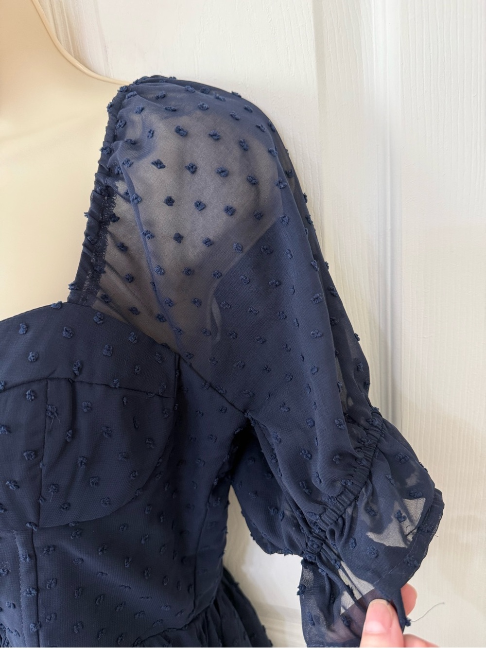 NWT Lulus Flawless Elegance Navy Swiss Dot Puff Sleeve Bustier Midi Dress L - Picture 10 of 16